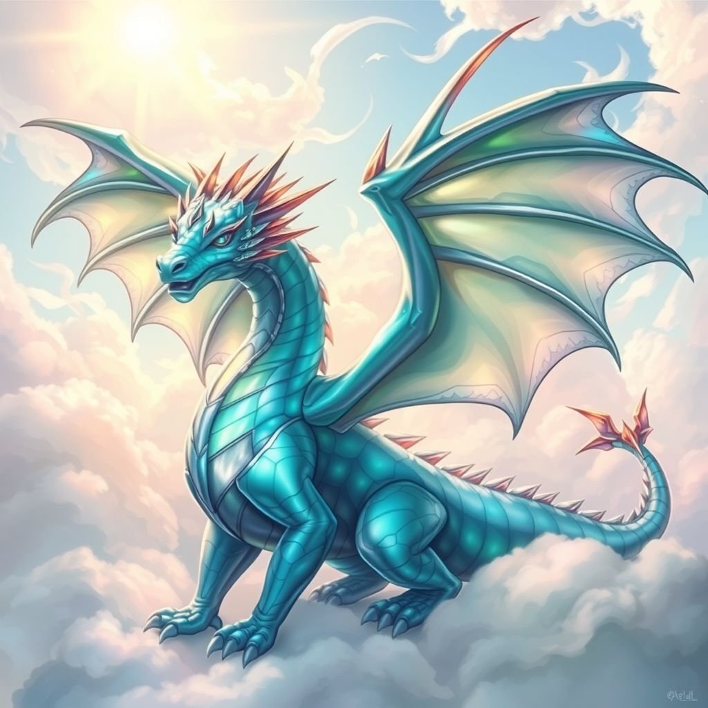 A colossal cyan coloured four winged dragon soaring through the sky