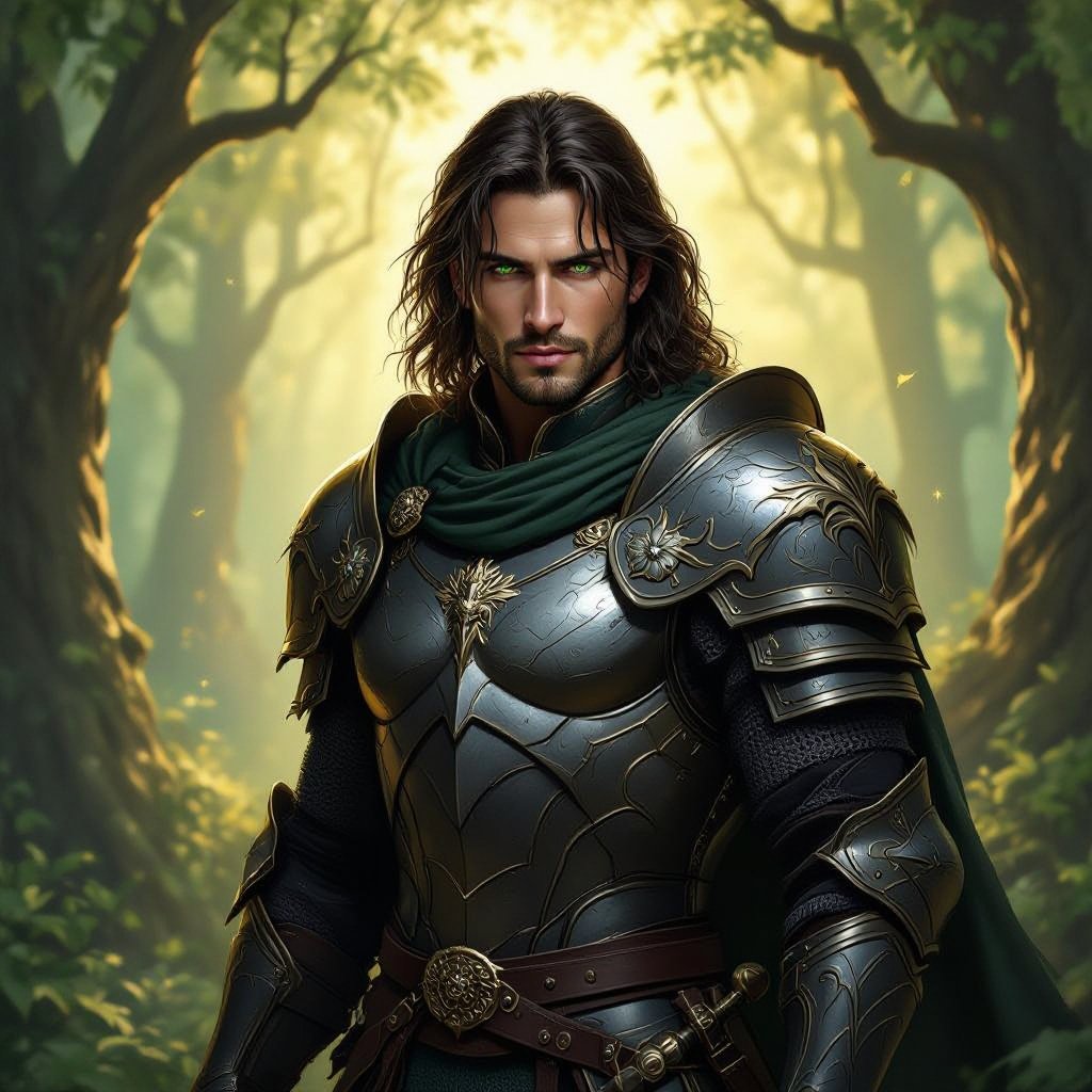 knight with his helmet off, dark hair, medium skin tone, green eyes, muscles