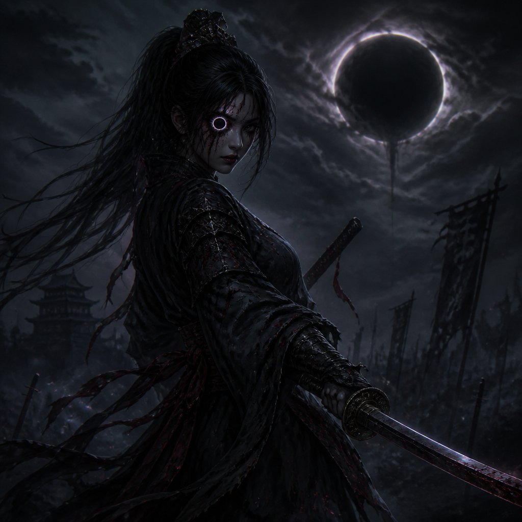 female with dark matter moon eye katana