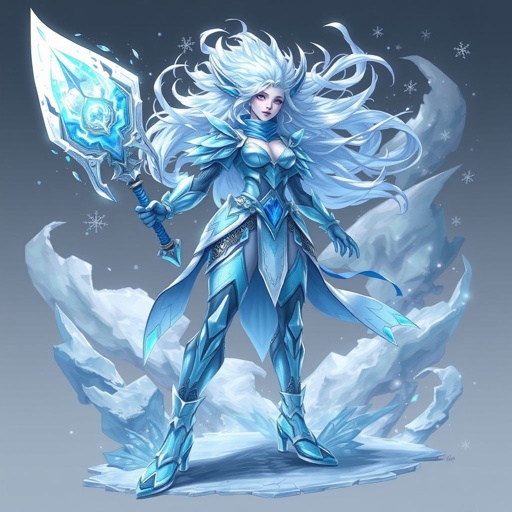 Create a battle woman hero called Alvara the Frostheart. Show full body head to toe including shoes