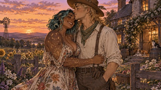 vibrant colorful sketchy historical dnd art illustration of a man playfully kissing a woman on the forehead in a flowering farm field in front of a farmhouse at dusk. the woman is tall, toned, curvy, and gentle with wavy bobbed teal hair, dark tan skin, freckles, brown eyes, and all encompassing glittering constellation tattoos, wearing a soft colorful flowy country dress. she giggles and hugs her friend. the man is tall, gentle, and sweet with a blonde messy mullet, soft green eyes and freckles, wearing a cowboy hat and vibrant farm clothes.