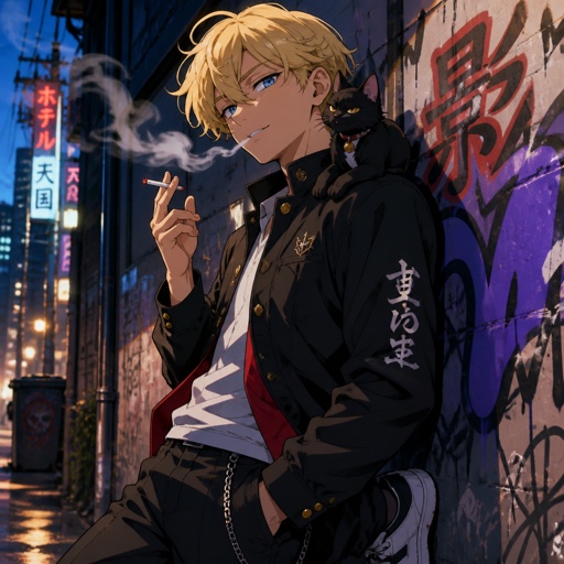 Young teen without black hair and green eyes and shade on his face and cigarette held in two fingers and him breathing out smoke and fire on end of cigarette and a sly black cat on his shoulder and blond slightly curved blond hair and him leaning against wall with the bottom of his foot pressed against wall and graffiti behind him 