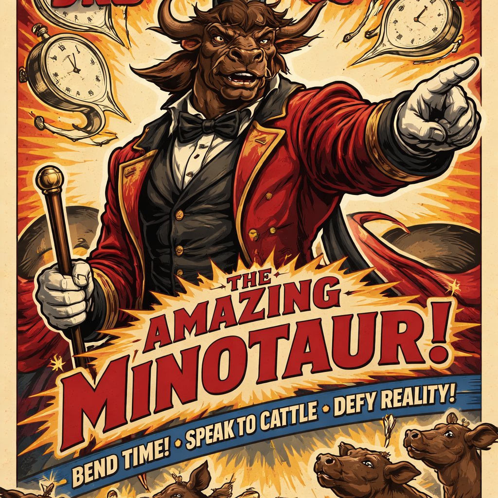 A male medium brown Minotaur with brown eyes that has a well~proportioned figure that works at freak show as the ringmaster. That has abilities of Reality Rejection, Time Manipulation (Chronokineses), Zoolingualism (Language of Cattle only), Human Speech. He’s basically a hybrid with his mother being a human with half-animal (Cretan Cattle) physiology and his father a Cretan Bull.