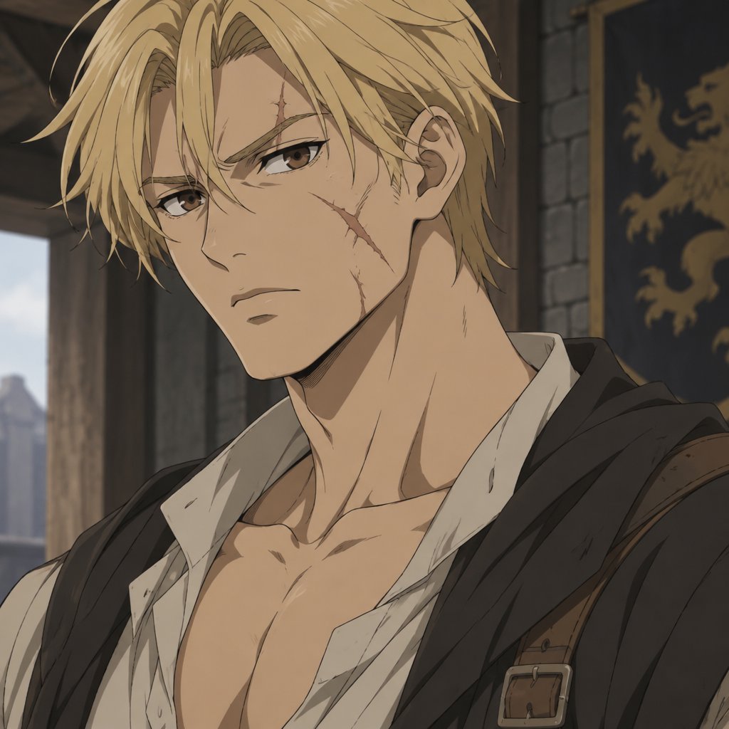 Male, thin, muscular, blonde scarred face with brown eyes