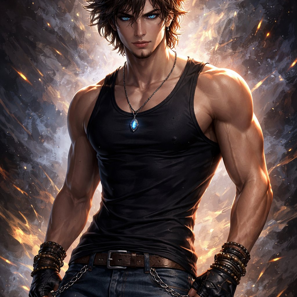 Guy with dark blue eyes and dark brown hair with gold lines a a black tank top and jeans