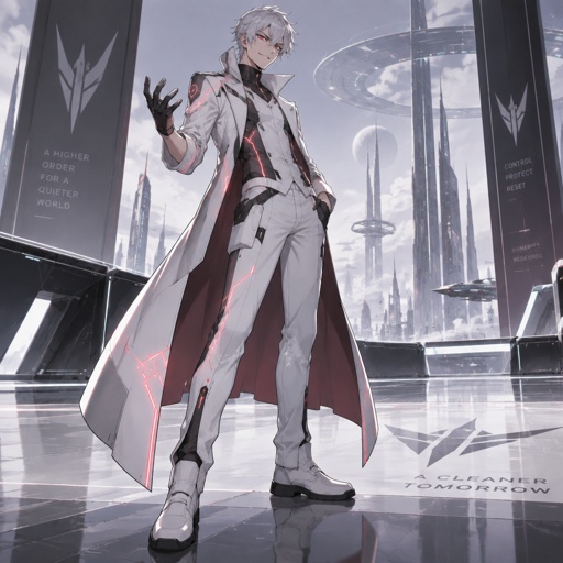 Outfit for a male Villian in a futuristic setting, simple, full body, light colored, technology 