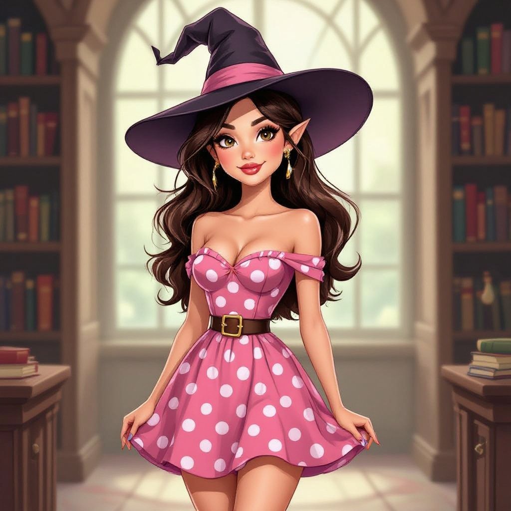 Dark Brown Hair Elf Witch Librarian in Witches Hat. Tight Strapless pink polka mini dress pencil skirt