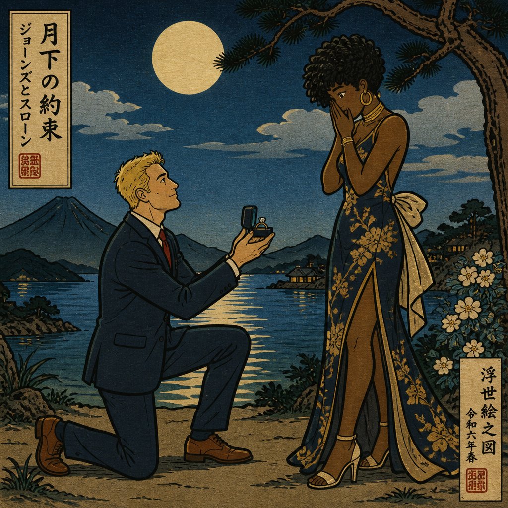 Jonesy and Slone from Fortnite out in the beautiful land Jonesy wearing a suit and Slone wearing a very beautiful dress Jonesy purposing to Slone at night