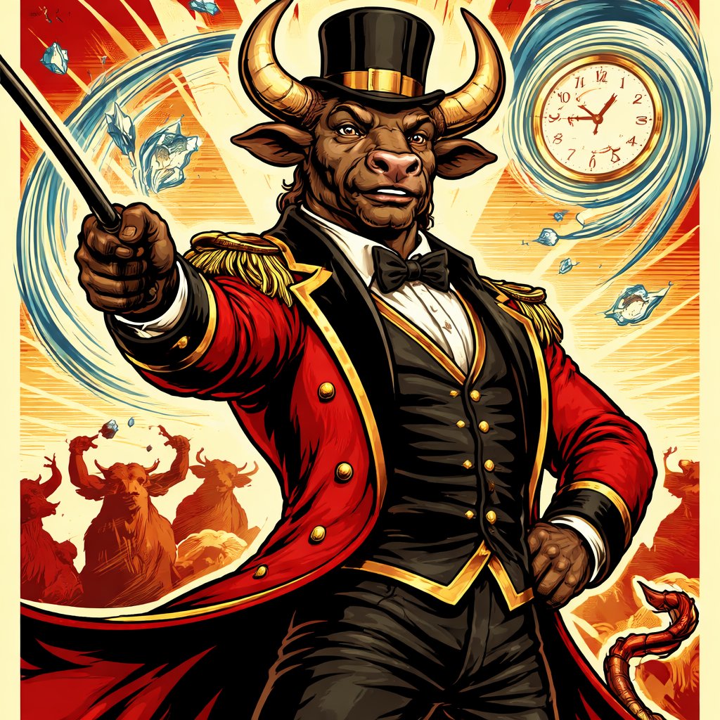 A male medium brown Minotaur with brown eyes that has a well~proportioned figure that works at freak show as the ringmaster. That has abilities of Reality Rejection, Time Manipulation (Chronokineses), Zoolingualism (Language of Cattle only), Human Speech. He’s basically a hybrid with his mother being a human with half-animal (Cretan bull) physiology and his father a Cretan Bull.