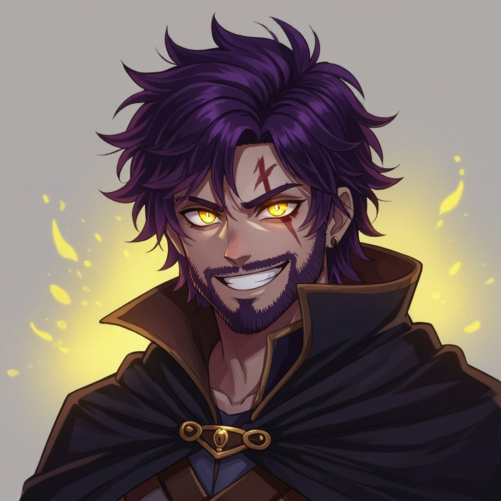 A long messy dark purple haired 20 year old with a big evil smile who has a stubble beard with yellow glowing eyes and Egyptian art on his face big strong guy with a dark cloak over himself a scar over his eye and looks upset but excited for battle with a yellow purple aura 