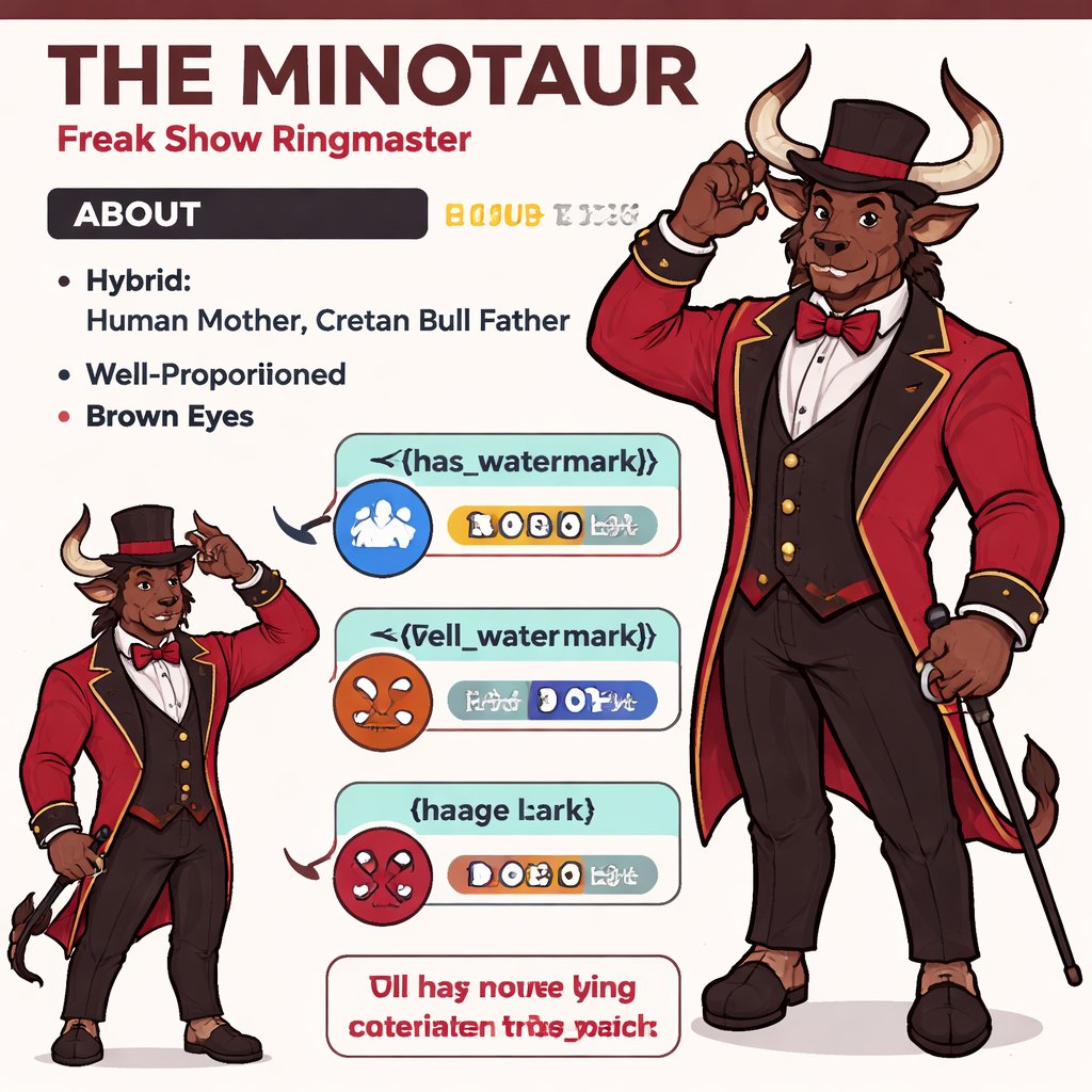 A male medium brown Minotaur with brown eyes that has a well~proportioned figure that works at freak show as the ringmaster. That has abilities of Reality Rejection, Time Manipulation (Chronokineses), Zoolingualism (Language of Cattle only), Human Speech. He’s basically a hybrid with his mother being a human with half-animal (Cretan Cattle) physiology and his father a Cretan Bull.