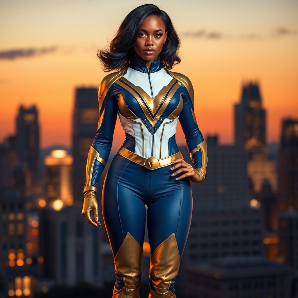 African American female superhero with shoulder length hair in a side part style and wearing a homemade white blue and gold suit with blue pants with a stylized V as her chest emblem wearing gold flat boots made of gold standing in Philadelphia at dusk