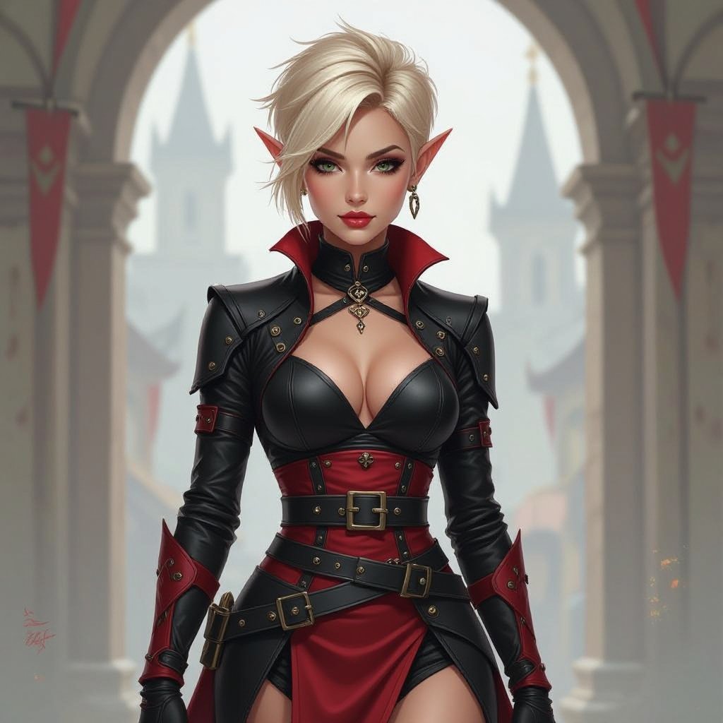 Blonde pixie cut Female High Elf Assassin in Black and Red Leathers and Skirt