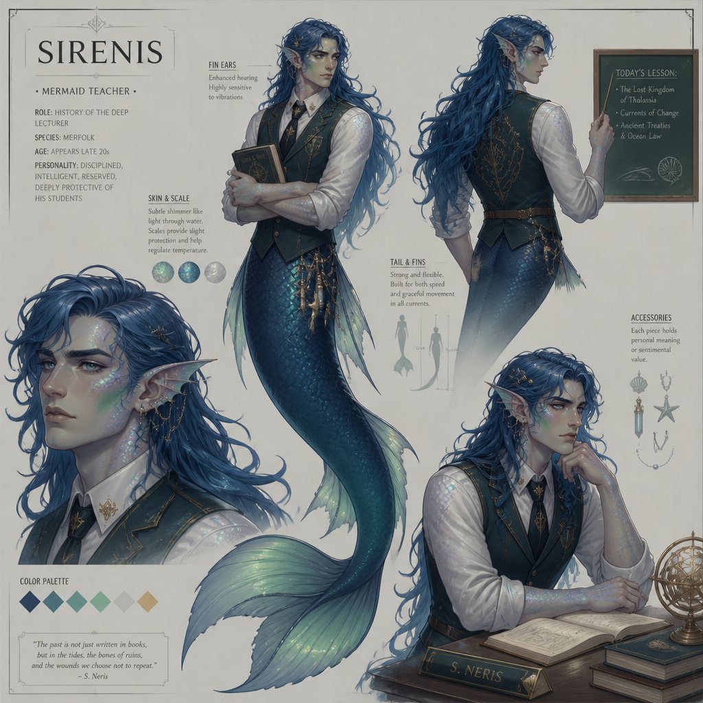 male, mermaid, long blue wavy hair, serious expression ,teacher uniform, vest, fin ears, shimmer, ear piercings, green blush, multiple of the same character