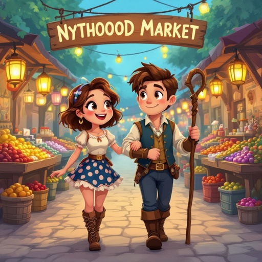 Semi-realistic high-fantasy painting of Mythanna Junedae and Ezekiel Sparrow walking arm-in-arm through the bright Eendood Market Bazaar. Both characters follow the eight-heads heroic proportion rule — tall, slender, graceful forms with natural, elegant elongation. Mythanna retains her playful confidence, sly smile, and couture “Polka Elegance” outfit: off-shoulder white blouse, structured black corset with visible boning and metallic fastenings, short high-waisted black-and-white polka-dot skirt hugging her form, tall lace-up platform boots with three silver buckles each. Ezekiel remains bashful yet handsome, wearing his rolled-sleeve cream shirt, blue vest, gold ascot, and dark trousers tucked into brown boots, holding the carved Staff of Birdcalls. Scene glows with warm amber, teal, and magenta lanterns over humid reedwood planks, reflecting magical color. Lighting emphasizes vertical grace and refined silhouette, balancing romantic charm with painterly fantasy style.