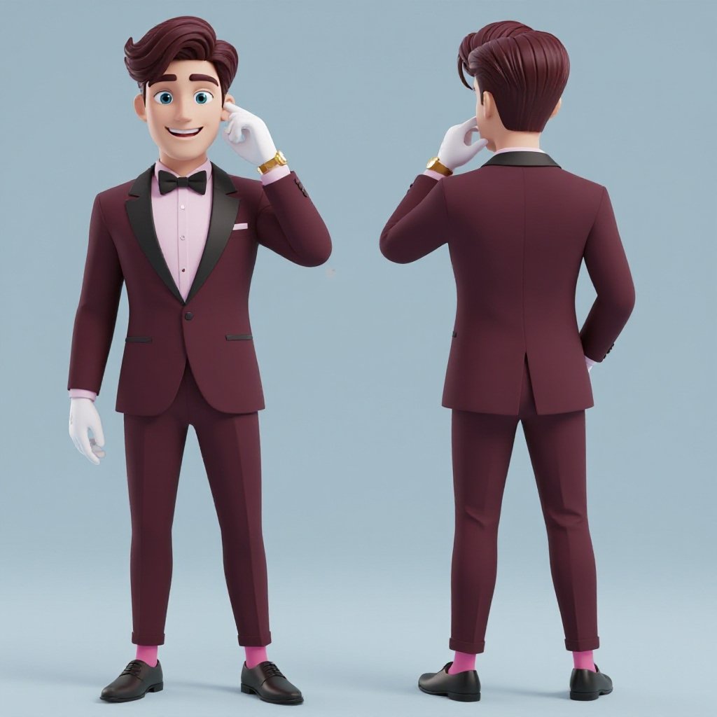 Tall young adult male with bright dark red hair that is neatly combed with the bangs going to one side, short to medium length. Bright blue eyes. White skin. Smug smile. One hand behind his head pose. A dark almost black, maroon tuxedo jacket that is closed and pants with the same color. The undershirt would be a light pink and a black bowtie. Wearing white gloves with a gold watch on the right wrist. Black dress shoes and pink socks.