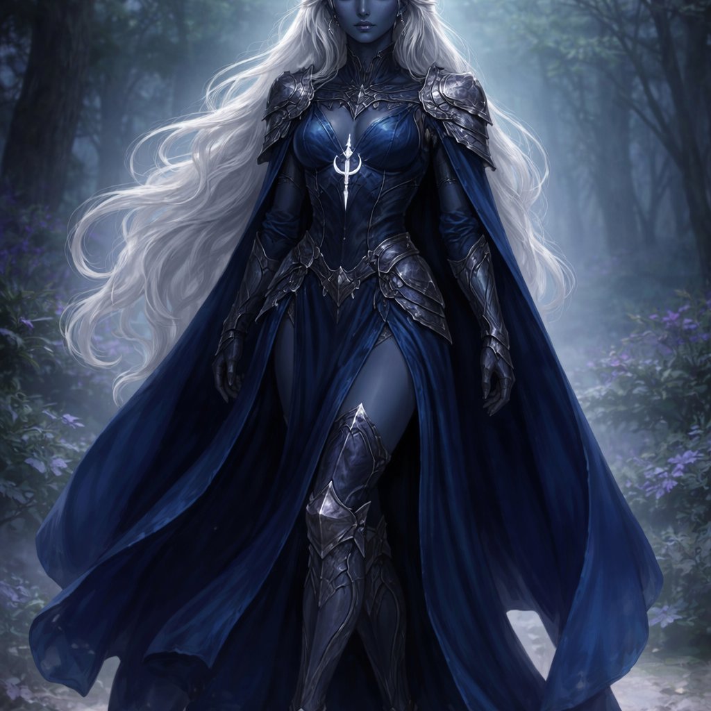 A beautiful Drow woman with long flowing white hair, dark grayish blue skin, large silver eyes, wearing dark blue flowing robes with armor plates, knee high heeled armor boots with Eilistraee’s symbol surrounding her.