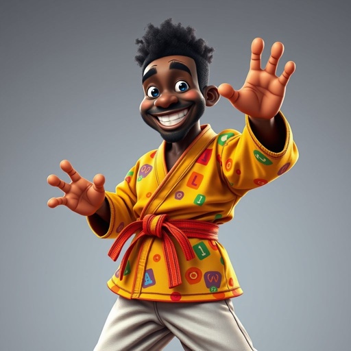 Create a character who looks like a funny African karate guy who doesn’t have a clue what he is doing. Make him have weird toes