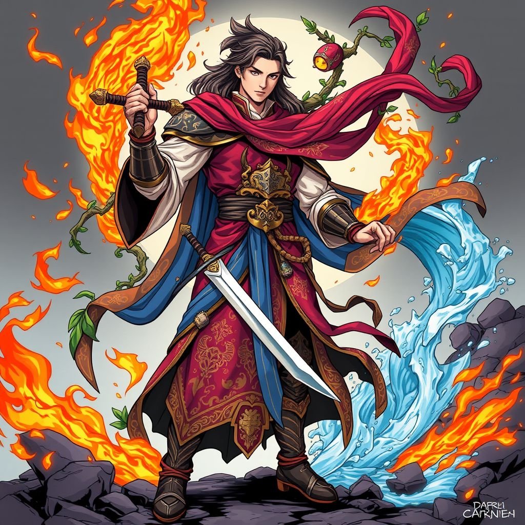 Age 18 male has nobility in his blood and he’s a master of the sword, fire, earth, and water magics