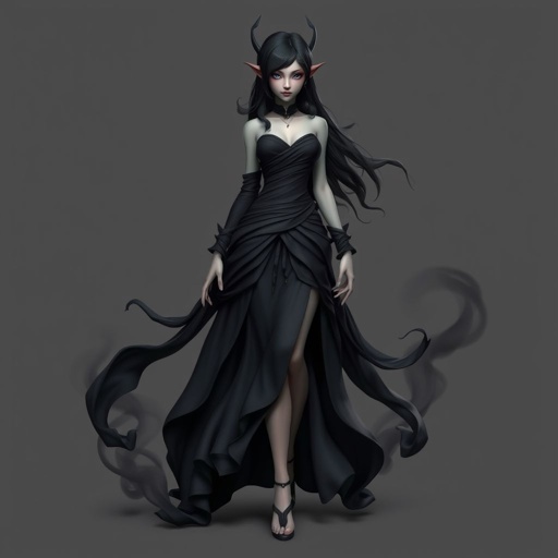 Create character hero Veyra of Shadows – A lithe, mysterious black woman draped in layered black silks that move like smoke around her. With jet-black hair. Show her whole body head to toe including her shoes.