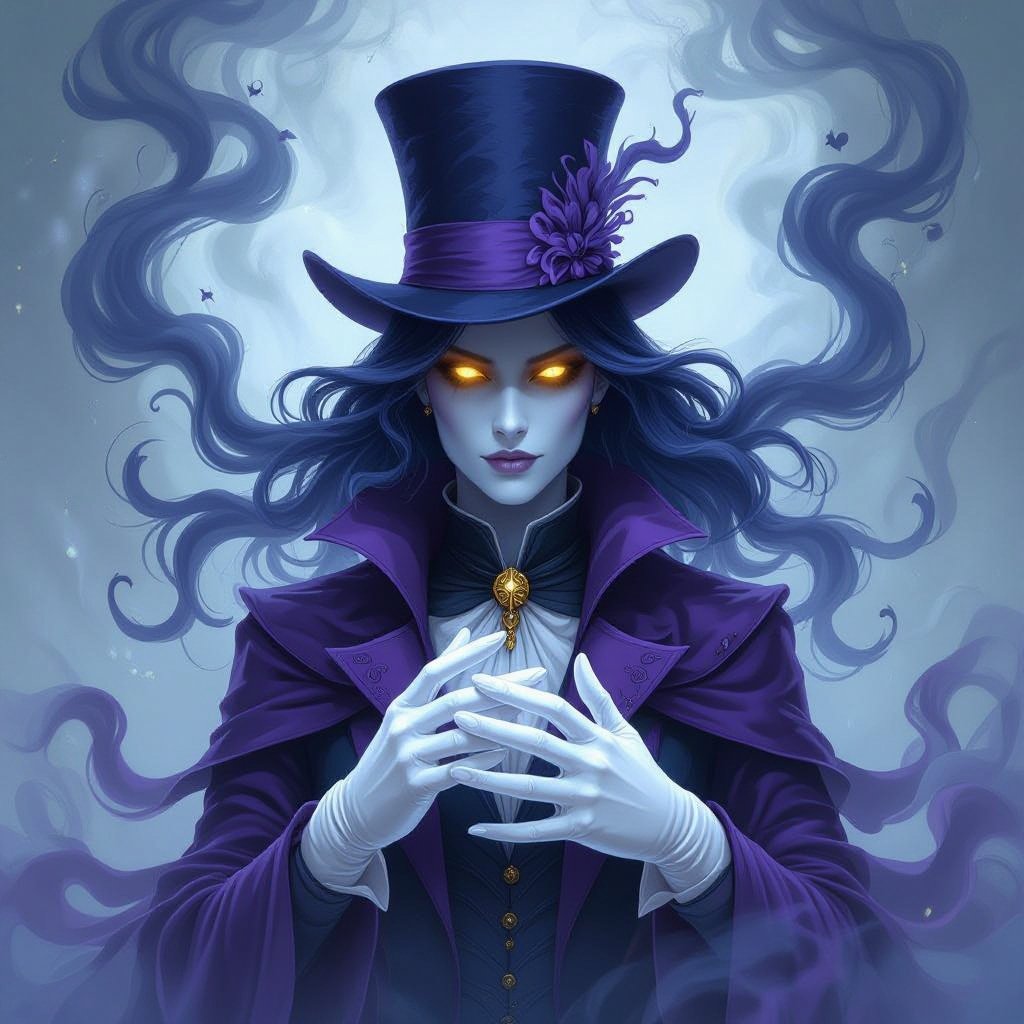 A character made of dark blue and purple smoke with visible yellow eyes white gloves and a top hat