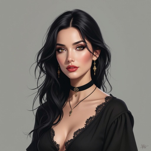 Show character head to toe. Create a mid age fantasy woman jet-black hair is cut sharpand her eyes seem to pierce through darkness. A shadowy aura clings to her form,