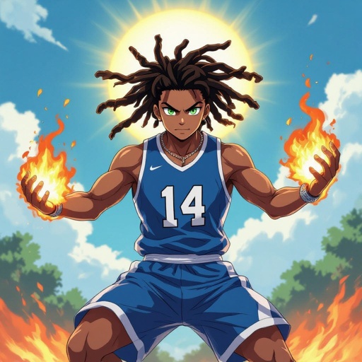 My character is a kind of muscular guy with green eyes and lighter shade skin color  12 big Dreadlocks and a blue basketball jersey with the number 14 and a chain on his neck and he is jumping high in the air with fire in his hands and the sun in the background