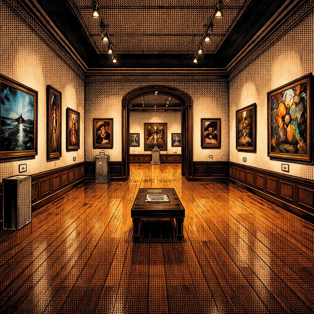 Realistic, no speech bubbles, no caricatures no people Background of an old art gallery floor space