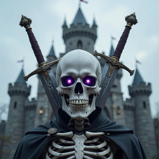 A skeleton with grey skin on his face and purple eyes and a big sword on top of a dungeon castle 