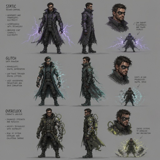 Male Villain with technology abilities, rugged, eye mask, stubble, multiple of the same character