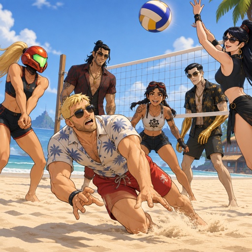 Samus Aran casual clothes, Accurate Kado Thorne from Fortnite pale skin and white hair, Jones from Fortnite stubble sunglasses casual clothes, Jules from Fortnite casual clothes, Midas from Fortnite casual clothes, Bayonetta from super smash bros casual clothes, all playing volleyball, jones missed