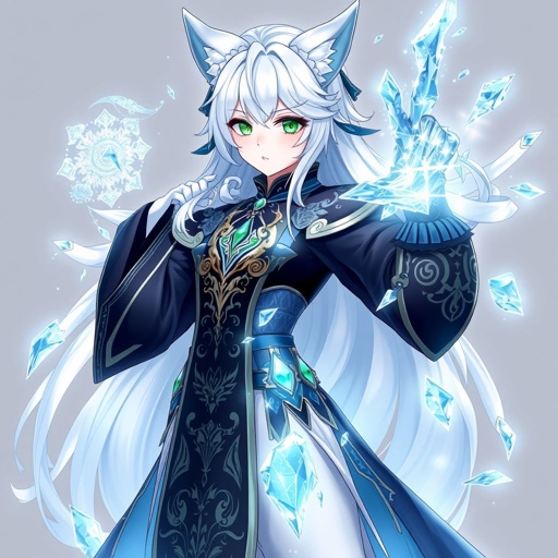 (Genshin Impact based) A pale teenage girl with a Cryo Vision wearing a royal black top and trousers with hair and small fox ears as white as snow with emerald eyes and conducting ice. She also has an ancient mythical right arm