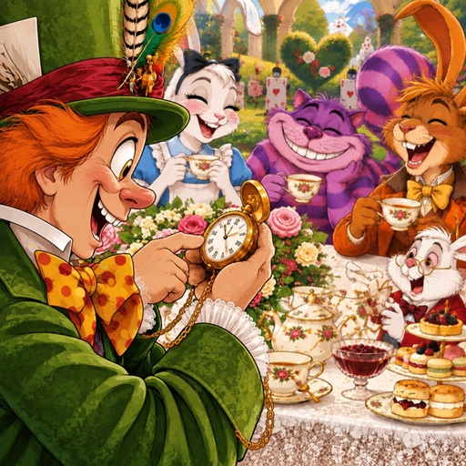 a cartoon of a mad tea party with mad tea party characters
