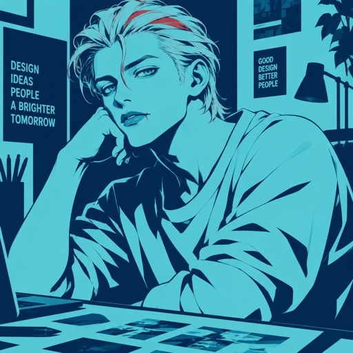 Male, blonde greased brushed back hair, curl on forehead, red streak in hair, scar on lip, blue eyes, slim, designer, cyan casual clothes,