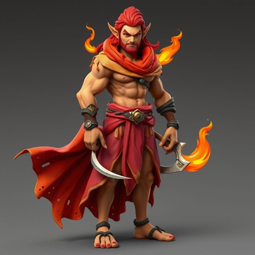 Create handsome guy name Rhen the Fire – A lean, muscular man. He wears layered, flowing desert robes dyed in warm reds and golds, with scorch marks where flames have licked them. A curved blade hangs at his hip. Show whole body head to toe including her shoes.