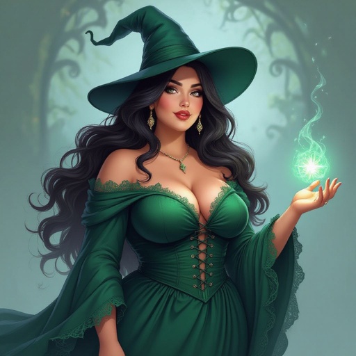 A curvey plus size witch with long hair and a witch dark green or blue hat that matches with her dress