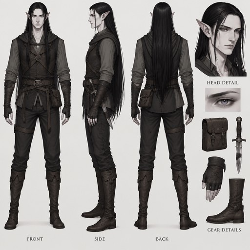 tall, pale moon elf with waist deep black straight hair, thief, pedestrian clothing