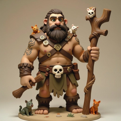 Kael the Beastbound – A rugged, broad-shouldered man with tanned skin and a rough beard, wearing armor made from bone and leather. deep green eyes tattoos of animal tracks spiral down his arms. He carries a massive wooden staff carved with the shapes of beasts, and small creatures often perch on his shoulders or follow at his feet.