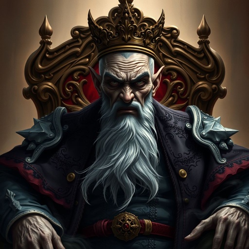 A man that a evil king in his 50s with dark powers sitting on his throne