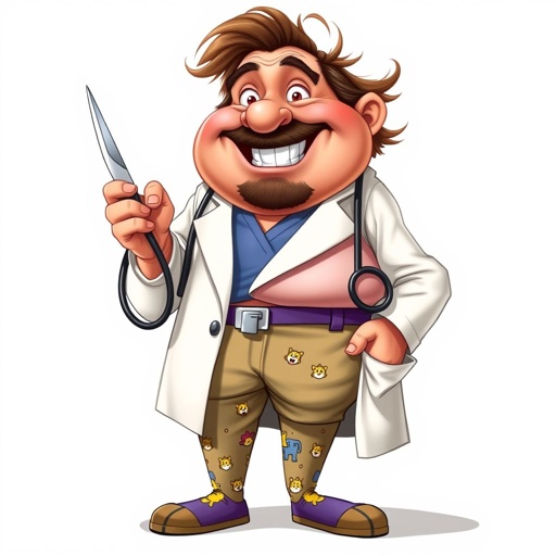 create a fat doctor. Who is funny human looking from head to toe. And he always immediately results to surgery for anything even small things. So please be sure to show his whole outfit head to toe. Make him have 1 tooth