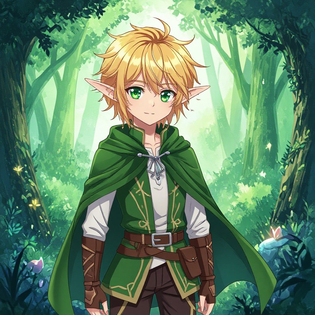 an tall anime elf boy, full body, blonde hair, green eyes.