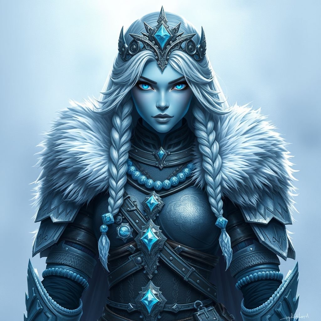 Create a character head to toe showing the whole character, meaning legs feet body face everything: A tall, battle-hardened woman with pale, icy-blue skin. Her long silver hair flows in braids tipped with frozen beads. She wears heavy, fur-lined armor made from the hides of snow beasts. Her eyes glow faint blue. A frost-shaped crown rests lightly on her head.
