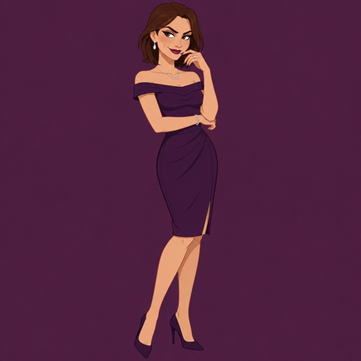Female, slim, brown medium length smooth hair around face, neck length back hair, freckles, dimples, long eyeliner, bad guy, knee length purple dress off the shoulders, jewelry, necklace infinity symbol, heels, wedding ring, smirk, no cleavage showing