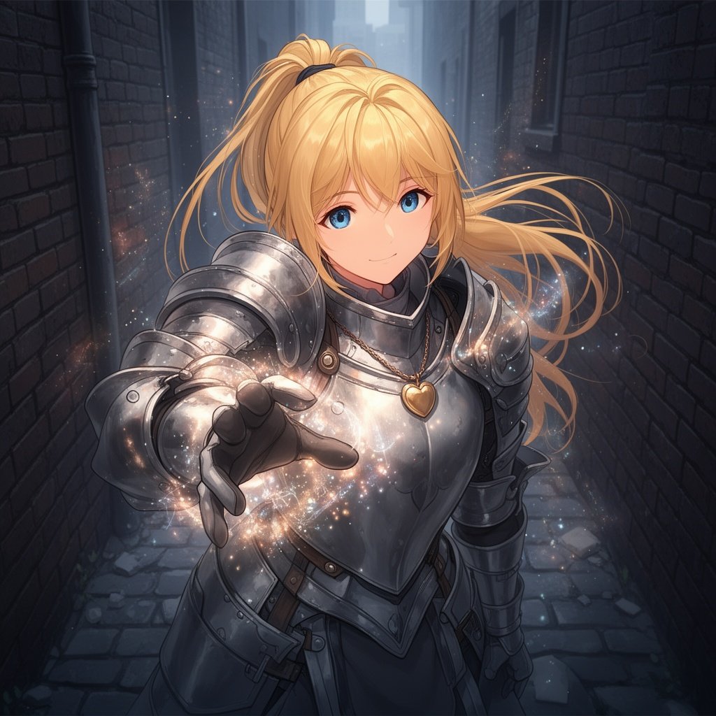 A beautiful girl with long golden hair tied up in a pony tail wearing heavy armour she has peachy skin and nice blue eyes. She seams to have some divine magic coming from her with a heart pendant hanging from her neck. She is in a dark alleyway offering a hand to the camera looking down as if the camera is on the floor looking up.