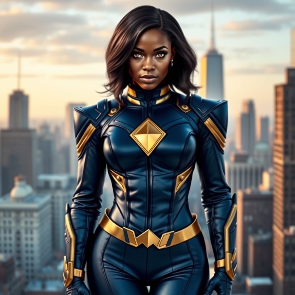 African American female superhero with hair in a shoulder length side part hairstyle with pure Gold Glowing eyes wearing a leather slightly armored navy blue and gold suit with navy blue pants and gold knee length boots with a diamond with the top half gold and the bottom half black as her chest emblem in Philadelphia