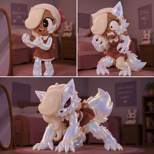 Ginger from Dandys world in her room enjoying her new Opalite legs and arms and face piece in one scene and the middle one she’s half Opalite werewolf and she’s scared and the last one she’s fully transformed 