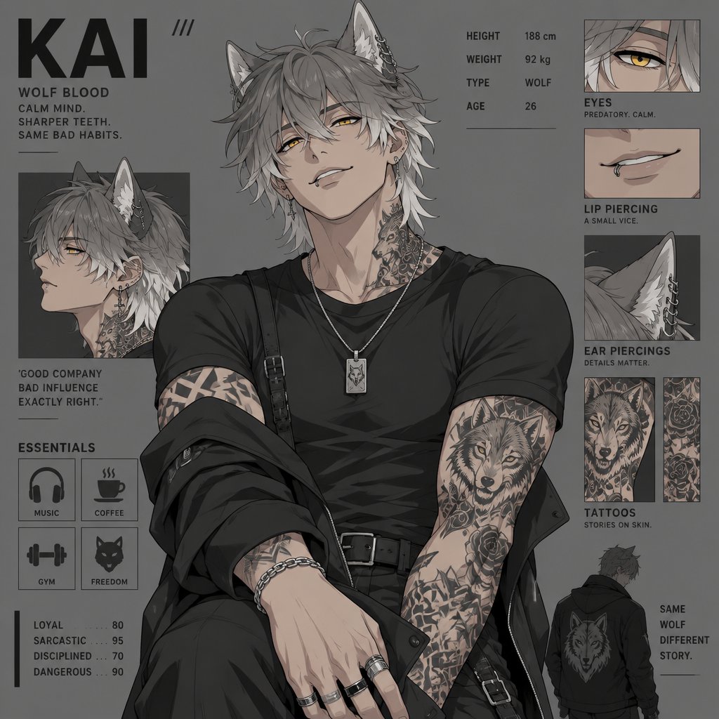 Male,he only has wolf ears he does not have human ears no human ears just wolf ears,gray hair with white tips hair that goes done to neck hair set a little bit on face slightly messy,yellow eyes,strong,lip and ear piercings,tattoos on neck and arms,a smile that could steal the ladies,with a smug and chill attitude,can be scary but is usually very nice