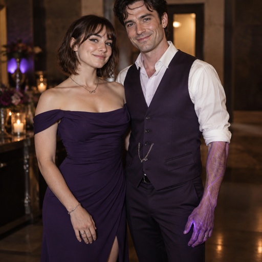 Female, slim, straight brown neck length wolf cut hair ears completely covered by hair, freckles, dimples, long eyeliner, upturned nose, bad guy, knee length purple dress off the shoulders, jewelry, necklace infinity symbol, heels, wedding ring, smirk, no cleavage showing, Male, slim, black messy hair, back hair, brushed side hair, scar on upper and lower lip, ear piercing ring, mid 40s, glowing purple hands, purple glowing veins, bad guy, purple vest, white shirt, wedding ring, clean shaven, smile
