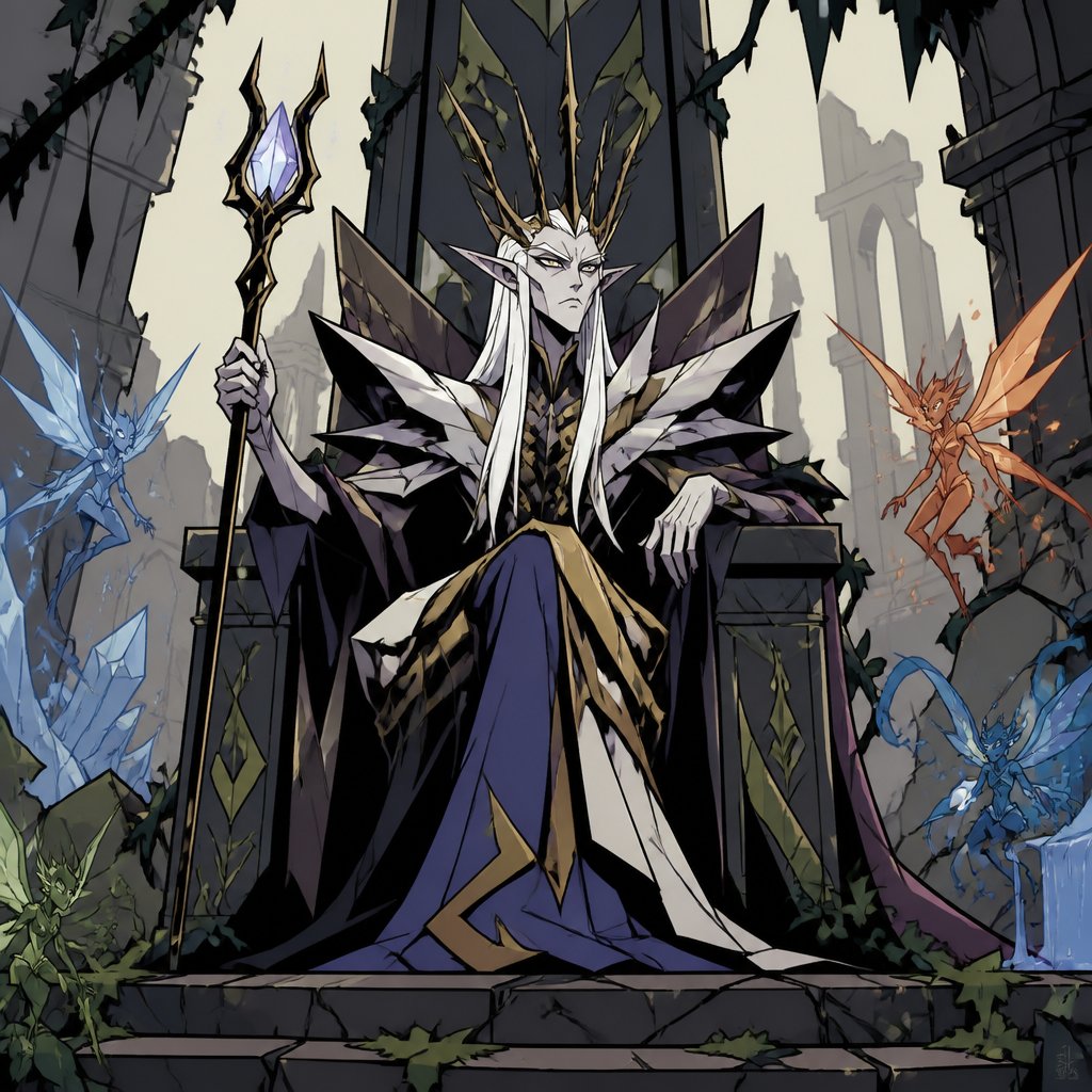 Faerie king ruler of the elemental faeries. Elegant, terrifying, ancient. location within the ruins