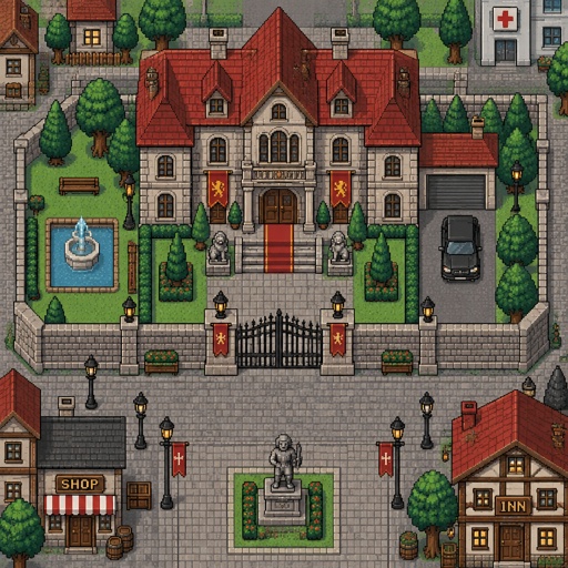Mansion for a fantasy game set in modern times village, exterior, top down style
